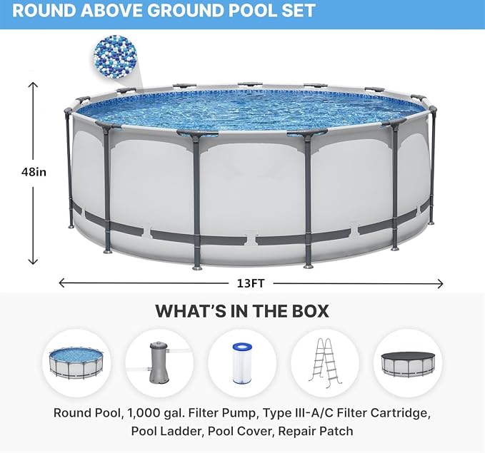 13' x- 48" Round Above Ground Swimming Pool Set with Sand Filter Pump, Ladder & Cover – Durable Steel Frame Outdoor Pool for Backyard Family Fun