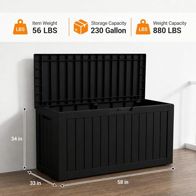 LAUSAINT HOME 230 Gallon XXL Outdoor Deck Box, Waterproof Resin Storage Box Bench with Lock, Large Patio Cushion Storage, Garden Tool Organizer, Pool Storage Container, 3-Person Seat, Black