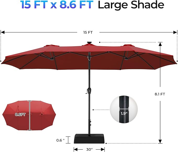 SUPERJARE 15ft Large Patio Umbrella with Base included, Double Sided Outdoor Umbrella with Solar Lights, Pool Umbrella with Fade Resistant Canopy for Deck, Porch, Yard, Balcony, Burgundy