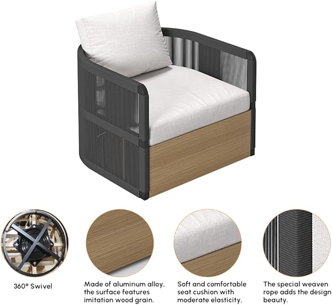 homary 4-Pieces Outdoor Sectional Sofa Set, Aluminum & Rope Patio Swivel Sofa Furniture for 6 with Coffee Table, Modern Outdoor Conversation Set for Gardens, Patios & Balconies