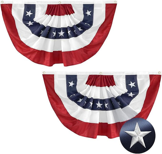 2Pack American Pleated Fan Bunting Flag 2x4 Ft USA Bunting Banner Decorate Patriotic‘s Day 250Years Anniversary Embroidered Stars with Canvas Header Brass Grommets 4th of July Outdoor Decor