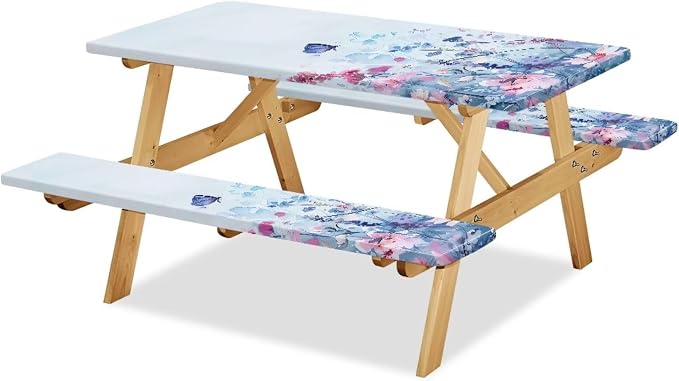 Blue Floral Picnic Table Cover with Bench Covers 3 Piece Fitted Picnic Table Cover with Bench Covers Picnic Table Covers with Elastic Band Picnic Table Cover for Outdoor, BBQ, Camping