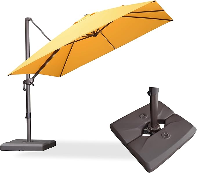 PURPLE LEAF 10' X 10' Patio Cantilever Umbrella with Base Included Antique Bronze Square Outdoor Umbrella with 360° Rotation and Aluminum Offset Hanging for Garden Backyard Pool, Yellow