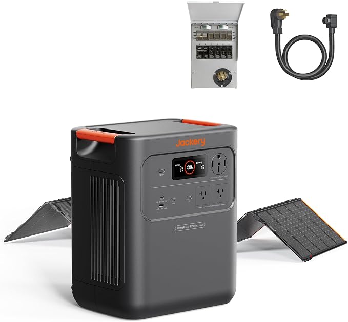 Jackery HomePower 3600 Pro Max Portable Power Station with 500W Solar Panel, MTS & 40A Charging Cable, 4000W 120V/240V AC Output, 3584Wh LFP Battery, Expandable to 21kWh, Essential Home Backup