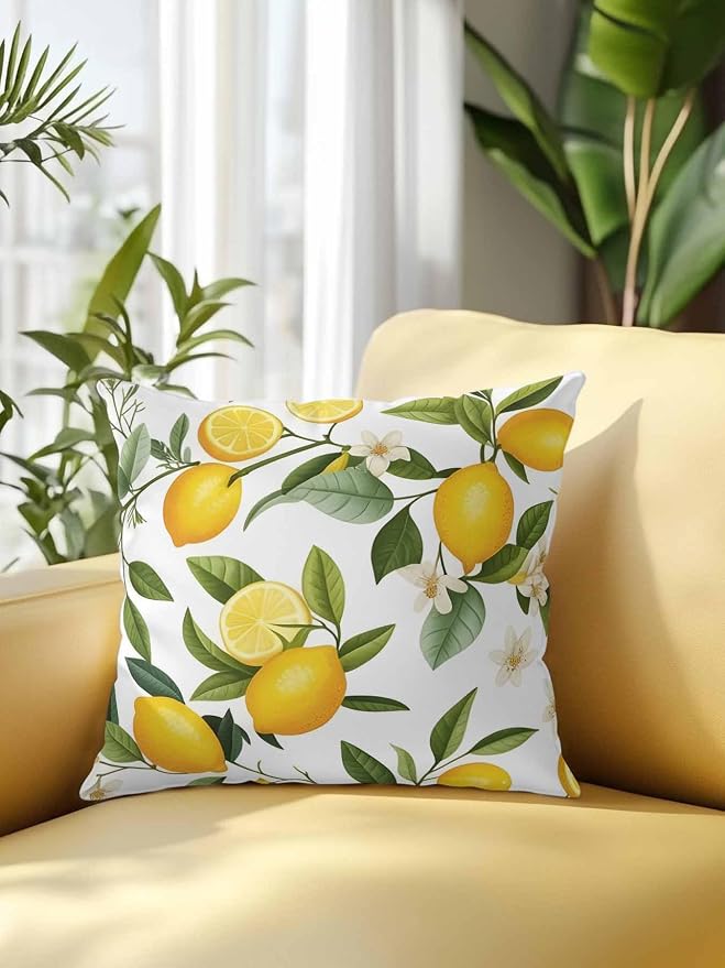 Outdoor Waterproof Throw Pillows Watercolor Lemon Green Leaves Flower Patio Pillows,Decorative Pillow Covers with Insert,Pillow Cushion Case for Garden Couch Sofa Farm Fruit Harvest