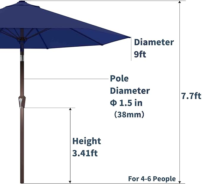 PatioKingdom Auto-Tilt 9FT Patio Umbrella Outdoor with 8 Sturdy Fiberglass Ribs,Market Table Umbrella for Pool,Backyard,Deck and Garden (Navy)