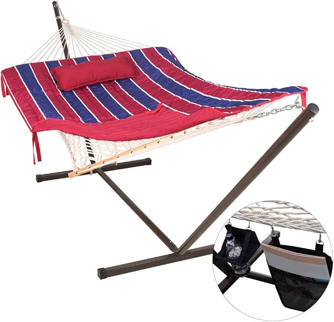 Lazy Daze Hammocks Double Hammock with 12 ft Steel Stand, 2 Person Cotton Rope Hammock with Quilted Pad, Spreader Bars, Detachable Pillow, Mag Bag & Cup Holder, Red&Navy Stripe