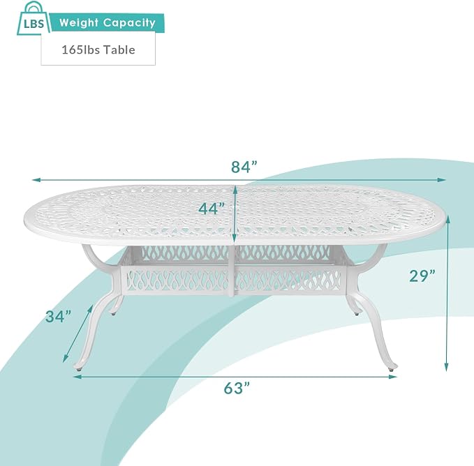 MEETWARM Outdoor 84" Oval Patio Dining Table, All Weather Cast Aluminum Large Patio Furniture Table Fits for 6-8 Person with 2" Umbrella Hole, White