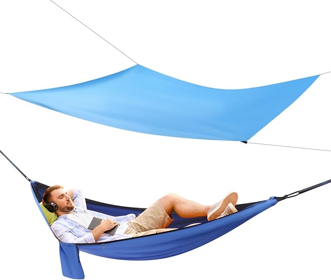 Blue Camping Hammock with Mosquito Net & Rain Fly Tarp, Lightweight Parachute Nylon Hanging Bed, Tree Straps & Carabiners, Bug Mesh Shelter Cover, Compact Backpacking Travel Swinging