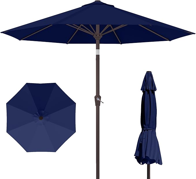 PatioKingdom Patio Umbrella with Push Button Tilt and Crank, Outdoor Market Umbrella with 8 Fiberglass Ribs, UV Protection Table Umbrella for Pool,Backyard,Garden,Deck (Navy, 10FT)