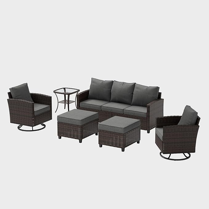 UDPATIO Patio Furniture Set, 6 Pieces Outdoor Sectional Couch with Swivel Rocking Chair, Brown Wicker Rattan Conversation Sofa, 4" Thick Cushion for Garden Backyard Deck, Dark Grey