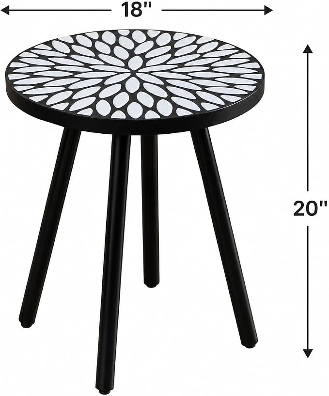 Laurel Outdoor Side Table, 18" Mosaic Round Accent Table with Ceramic Tile Tabletop and Steel Frame, Indoor Small Decorative Plant Stand & End Table for Living Room, Patio, Garden - Black/White