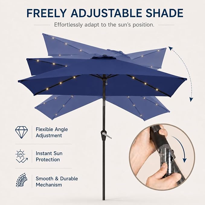 6.5 x 10ft Rectangular Patio Umbrella with Solar Lights, 16 LED Lighted Market Umbrella with Push-Button Tilt and Crank, 6 Sturdy Iron Ribs for Garden, Deck, Pool, Navy Blue