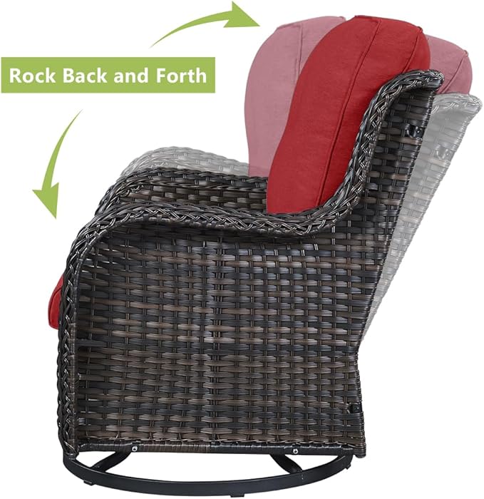 HUMMUH 3-Piece Swivel Rocking Rattan Chair Outdoor, Patio Bistro Furniture Conversation Set, Cushioned Wicker Chair with Glass Coffee Table