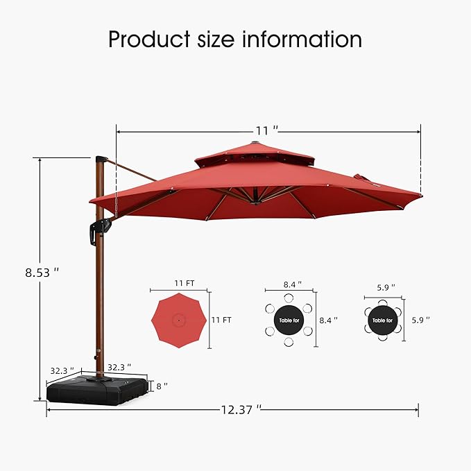 PURPLE LEAF Large 11ft Brick Red Cantilever Umbrella with Base, Windproof and UV Resistant
