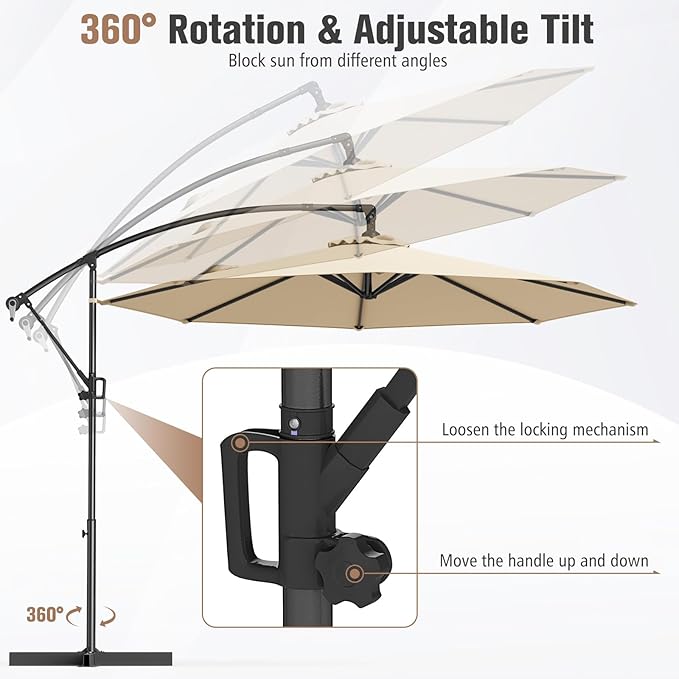 Tangkula 10 FT Patio Offset Umbrella, Hanging Cantilever Umbrella w/X-shaped Base & 360° Rotation, Smooth Crank Handle, Vented Top, Outdoor Market Umbrella for Backyard, Deck (Beige)