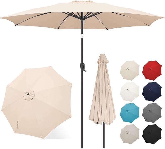 FLAME&SHADE 11 ft Patio Umbrella - Table Umbrella Outdoor with Push Button Tilt and Crank, UV Protection, 8 Sturdy Ribs, Market Umbrella for Garden, Deck, Backyard, Lawn, Pool and Beach(Beige)