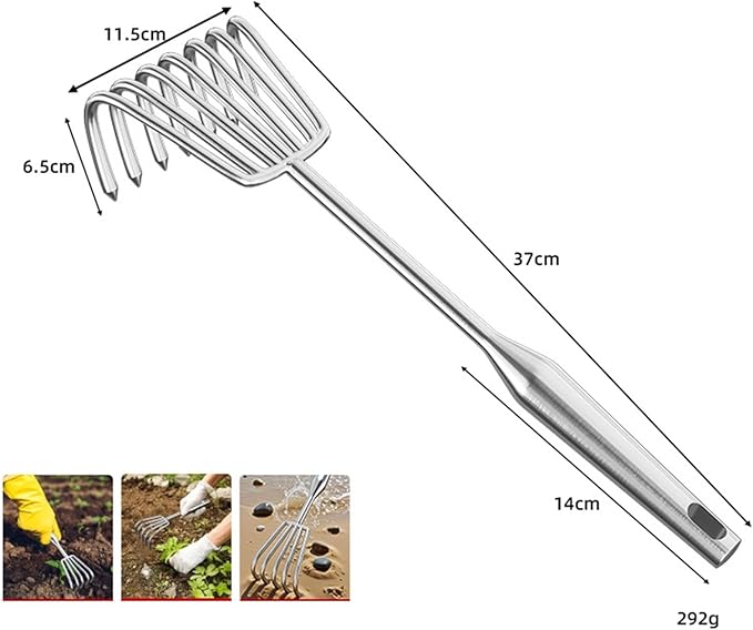 Hand Rake Stainless Steel Heavy Duty Garden Rake Weeding Tool Ergonomic Claw Rake Soil Tiller Portable Planting Rake Suitable for Flower Beds Yard Wor , 7 Tine Long Handle