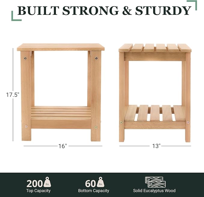Premium 2-Tier Eucalyptus Wood Side Table with Slatted Storage Shelf, 13" x 16" x 17.5", Wooden Accent Table for Living Room, Entryway or Bedside (Natural)