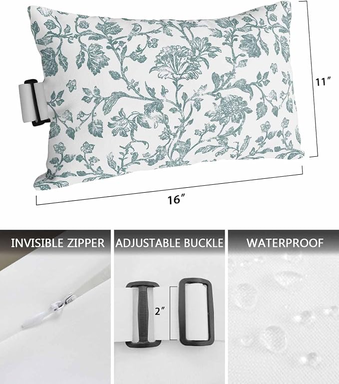 Pack of 2 Outdoor Lumbar Pillow Covers 11x16 Inch, Teal Blue Green Waterproof Throw Pillow Covers Set, Vintage Farmhouse Boho Flower Leaf Indoor&Outdoor Decorative Cushion Cases for Patio Porch Beach