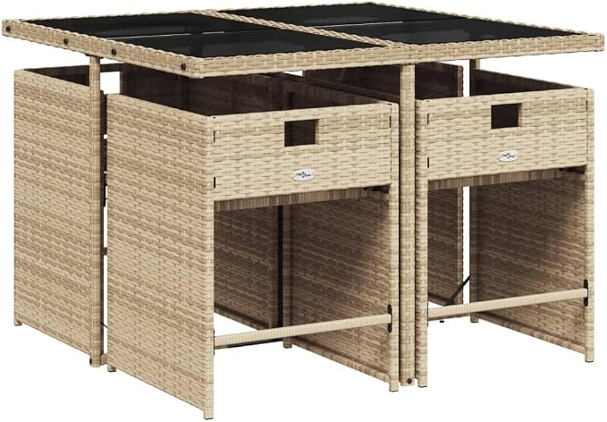 5 Piece Patio Dining Set with Cushions Beige Poly Rattan Outdoor Table and 4 Folding Chairs for Garden Backyard Relaxation with Tempered Glass Top Space-Saving Design