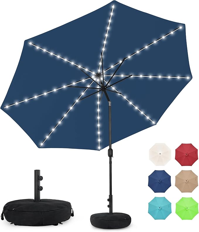 Sundale Outdoor Solar 80 LED 9 ft Patio Umbrella with Sand Bag Umbrella Base, Outdoor Umbrella with Tilt and Crank, Navy