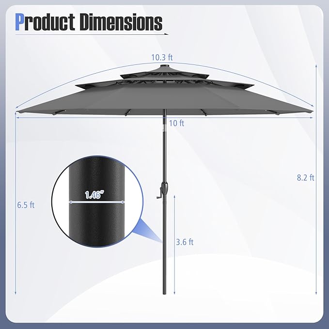 Tangkula 10 FT Solar LED Patio Umbrella, 3-Tier Vented Outdoor Market Table Umbrella with 32 LED Lights, Tilt Adjustment, Crank Handle, 8 Ribs for Backyard Pool Deck (Gray)