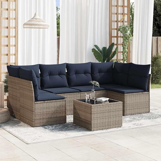vidaXL Patio Sofa Set with Cushions 7 Piece, Patio Furniture with Glass Table, Outdoor Conversation Set, Modern Style, Gray Poly Rattan