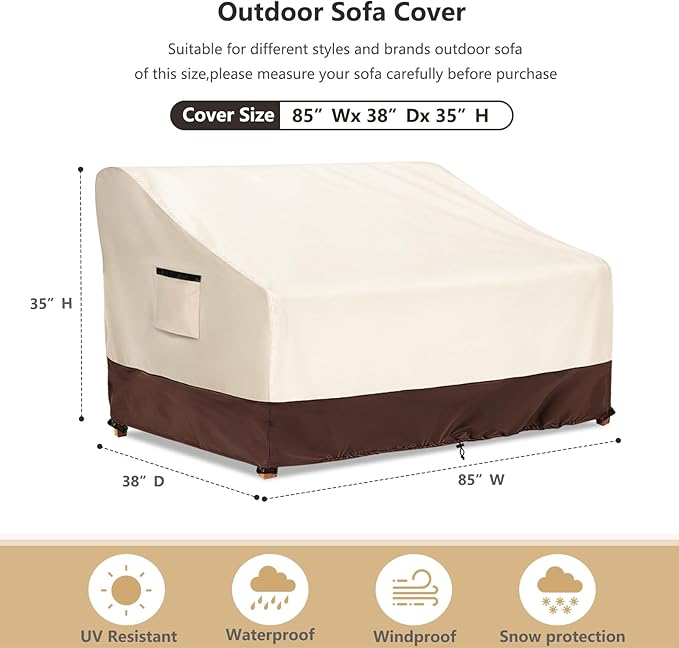 3-Seater Patio Sofa Cover, 600D Heavy Duty Waterproof Outdoor Sofa Covers, 85 W x 38 D x 35 H Inches Outdoor Couch Cover, Patio Furniture Covers, Lvory&Brown