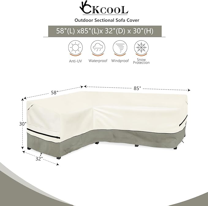 okcool Outdoor Sectional Sofa Cover Waterproof-L-Shaped Patio Furniture Covers for 4-Seater Outdoor Sectional Furniture Couch 58”W (Left Side) x 85”W (Back Length),White&Grayish Green