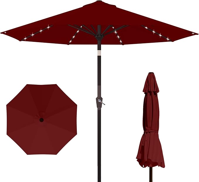 Kingdura 9FT Outdoor Patio Umbrella with Solar Lights, Market Table Umbrella with Push Button Tilt & Crank, 8 Sturdy Ribs, 32 LED Lights, UV Protection for Garden Lawn Deck Backyard Pool (Dark red)