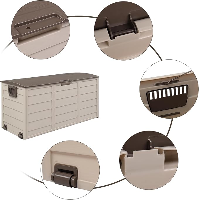 Solianne 75 Gal 260L Outdoor Garden Storage Box, Lockable Deck Box for Patio Furniture Cushions Tools Toys, Weather Resistant Plastic Chest with Wheels, Brown