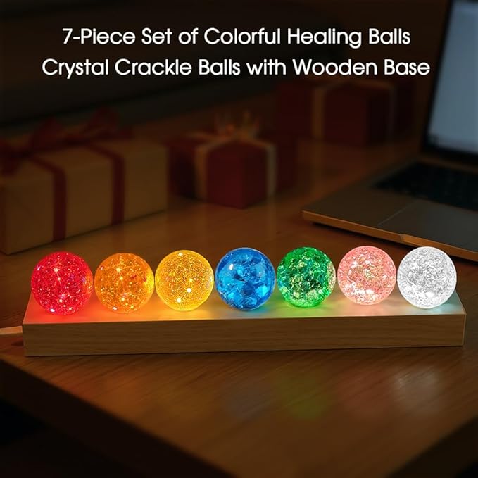 L LOHAS LED 7 Colors 40mm Ice Cracked Balls Crystal Chakra Balls with LED Wooden Base Glass Healing Sphere Balls with Stand Night Light Decoration Quartz for Home Living Room