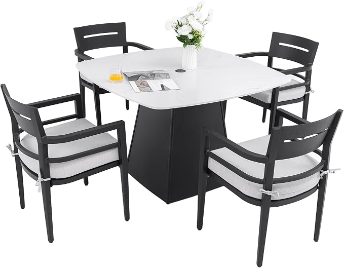 5-Piece Outdoor Patio Dining Table Set, Modern Faux Marble Stone Dining Table with 4 Sunbrella Chairs, Aluminum Frame and Umbrella Hole, Durable & Weather/Heat-Resistant