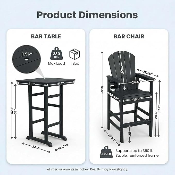 WILLIAMSPACE Height Patio Bar Table Set of 3, Outdoor Square Bar Table with Umbrella Hole, 2 Bar Stools with Cup Holders, 3-Piece All-Weather Outdoor Bistro Set for Kitchen Outside (Black)