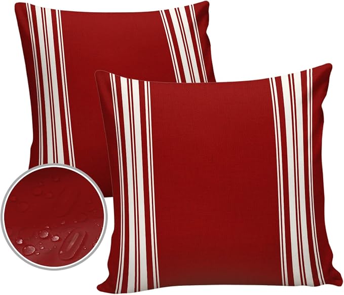 Vandarllin Outdoor Throw Pillows Covers 26X26 Set of 2 Waterproof Burgundy Red Stripe Decorative Zippered Lumbar Cushion Covers for Patio Furniture, French Stripe Farmhouse Style