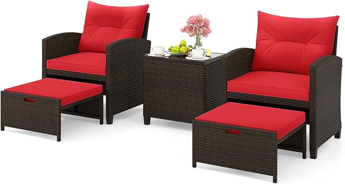 ORALNER 5 Pieces Patio Furniture Set with Ottoman, Wicker Conversation Set w/Cushions, Glass Coffee Table, Outdoor Rattan Lounger Chairs Bistro Set for Porch Balcony Garden Deck Poolside (Red)