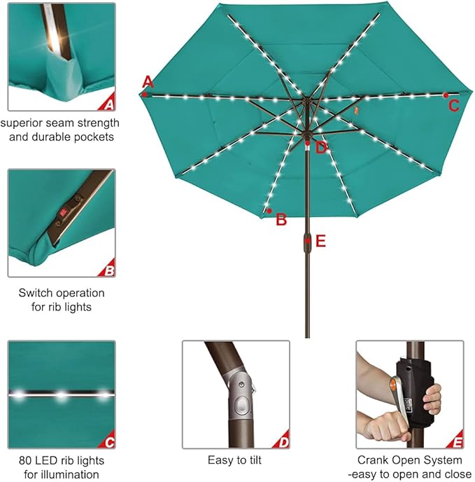 EliteShade USA 10-Year-Non-Fading 9ft 3-Tier Market Patio Umbrella, Commercial Table Umbrella with 80 Solar LED Lights, Crank Open, Windproof & UPF 50+ UV Protection for Garden, Deck, Pool, Backyard, Teal