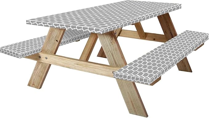 KENOBEE 7ft Picnic Table and Bench Cover, Camping Essentials RV Gear, 84 in Waterproof Windproof Outdoor Elastic All Around Tablecloth, Fitted Rectangle Tables and Seats, Gray-White Moroccan