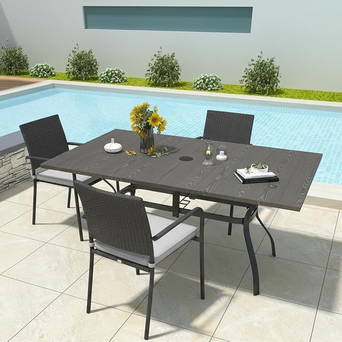 Anmutig Outdoor Rectangle Dining Table 6-Person with 1.57" Umbrella Hole Metal Steel Backyard Bistro Table for Garden, Poolside, Backyard, Brown Top