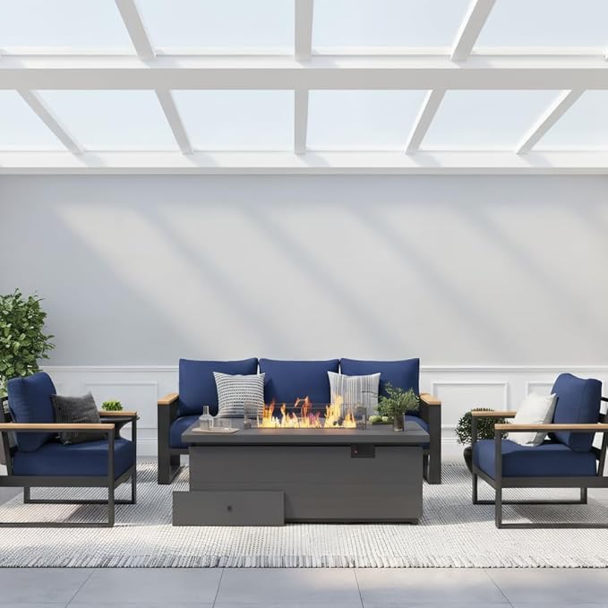 Sundale Outdoor Aluminum Patio Furniture Set, 4 Piece Outdoor Conversation Sets with Fire Pit and 6" Thick Olefin Cushions, All Weather Outdoor Sectional Set for Deck, Lawn, Yard (Navy Blue)