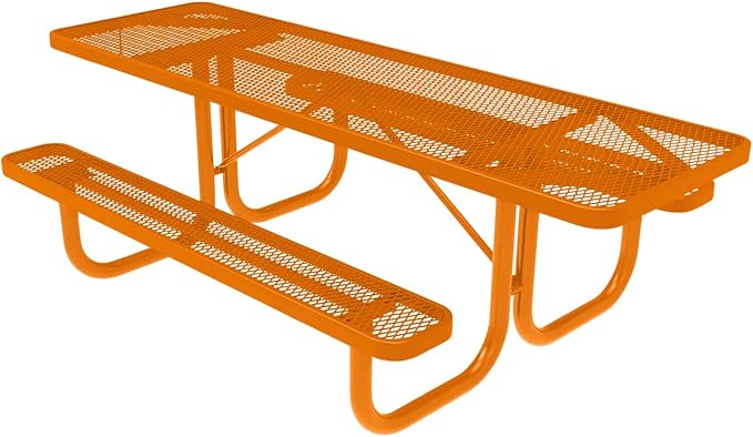 COATEDOUTDOORFURNITURE Heavy-Duty Portable ADA-Compliant Outdoor Picnic Table, Expanded Metal Patio Furniture Made in America (8ft Rectangular, Both-Side Handicap, Orange with Orange Frames)