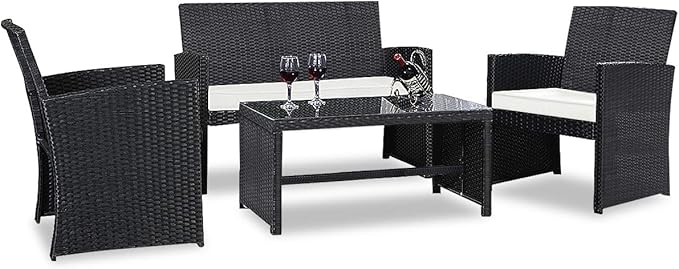 Tangkula 4PCS Patio Furniture Set with Coffee Table, Chairs, Cushions & Loveseat for Garden Balcony Backyard Chat Set Durable Handwoven Rattan Wicker Outdoor Patio Conversation Set, Black