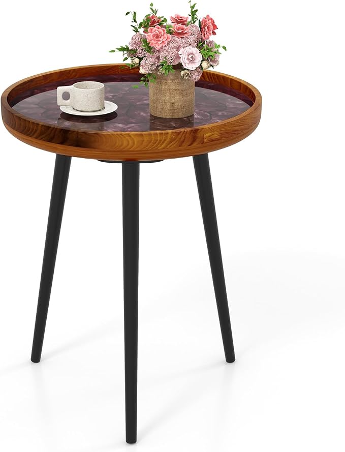 Giantex Outdoor Side Table, Round End Table with Epoxy Resin Finish, Sea Shell Decoration, Mahogany Wood Frame, Tray Top, Patio Side Table for Living Room, Pool, Yard, Porch (Brown, 16” x 16” x 19.5”)