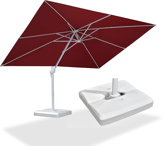 PURPLE LEAF 9' × 11.5' Patio Umbrella With Base White Cantilever Umbrella Square Outdoor Offset Windproof with 360° Rotation for Garden Deck Pool, Ruby Red