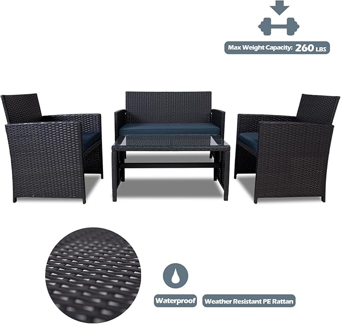 4 Pieces Patio Furniture Set,Porch Conversation Set for Garden, Outdoor PE Rattan Wicker Chairs with Cushion,Sectional Loveseat for Poolside or Backyard (Black-DarkBlue)