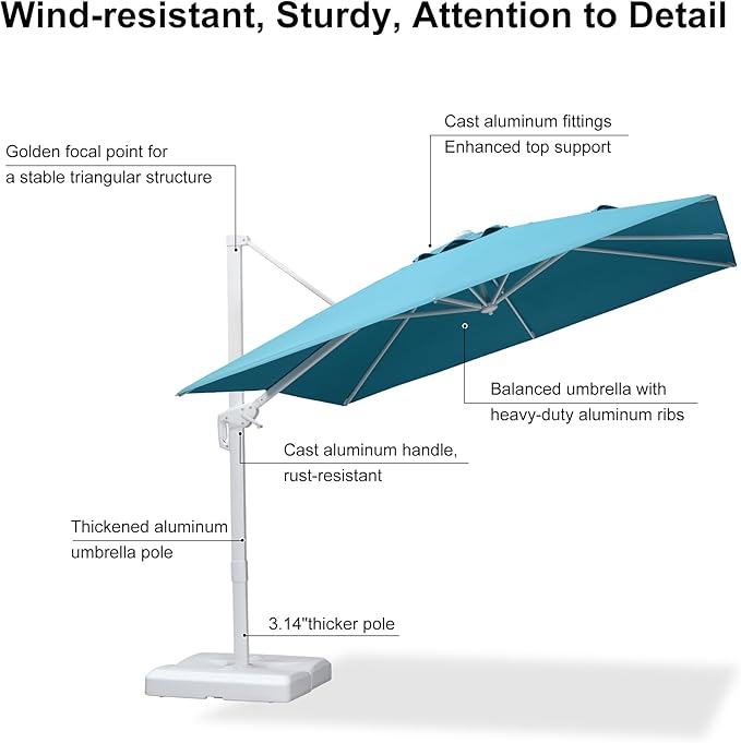 PURPLE LEAF 9 FT Patio Umbrella White Cantilever Umbrella Aluminum Square Outdoor Offset Umbrella Hanging Windproof with 360° Rotation for Garden Deck Pool, Turquoise