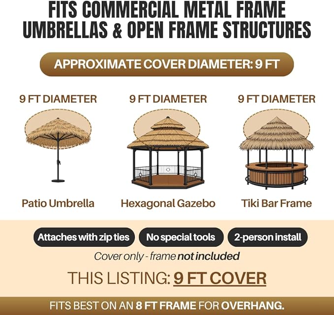 amaZulu Tiki Thatch Umbrella Cover 9ft – Hand-Woven Mexican Palm Leaf, Natural Tiki Bar & Patio Shade Cap, Fits Standard Metal Frame Umbrellas, Lasts 2–5 Years in Dry Climates