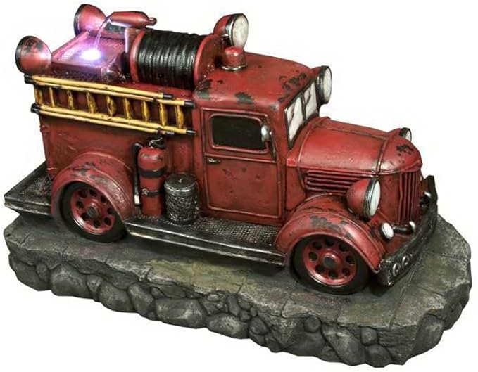 38" Lighted Red and Black Vintage Fire Truck Outdoor Patio Fountain