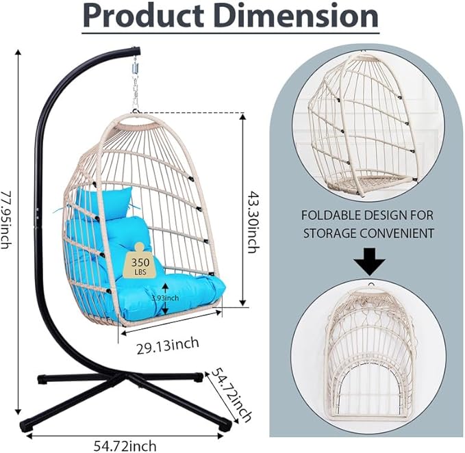 Outdoor Egg Hanging Chair with Stand, Patio Wicker Swing Egg Chair Indoor Swinging Chair Outdoor Hammock Egg Chair Blue